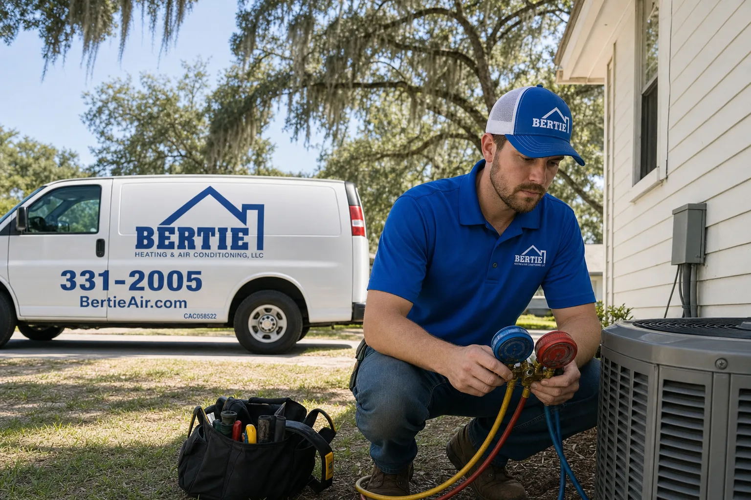 Bertie Air technician servicing a residential AC unit beside a Gainesville home
