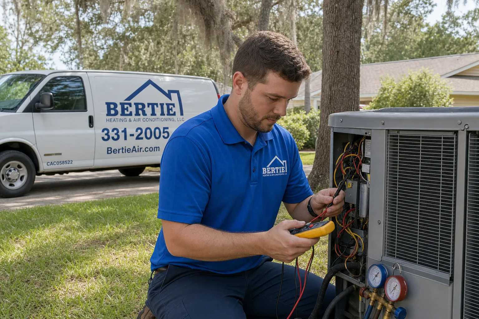 Bertie Air technicians diagnosing an AC system